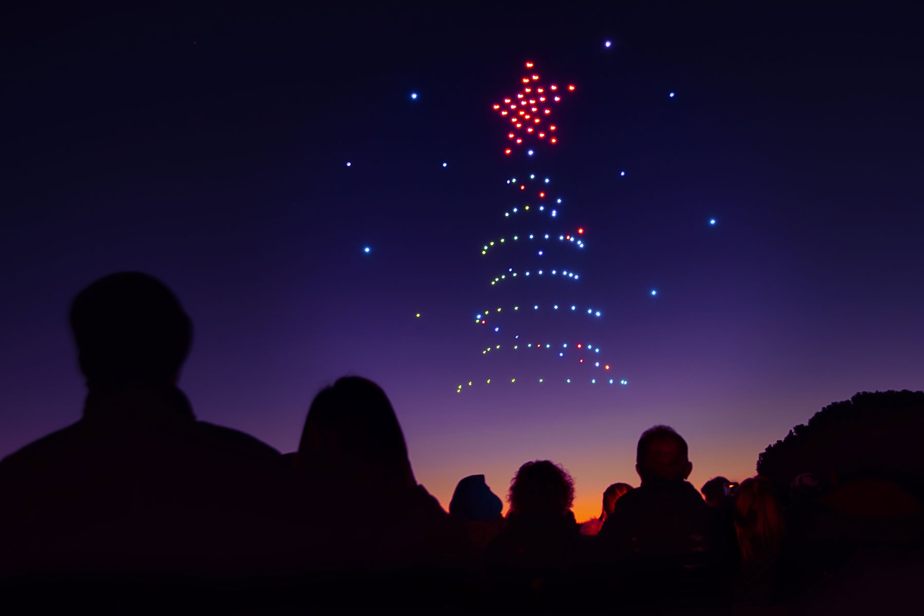 Christmas tree drone lights formation from a drone show