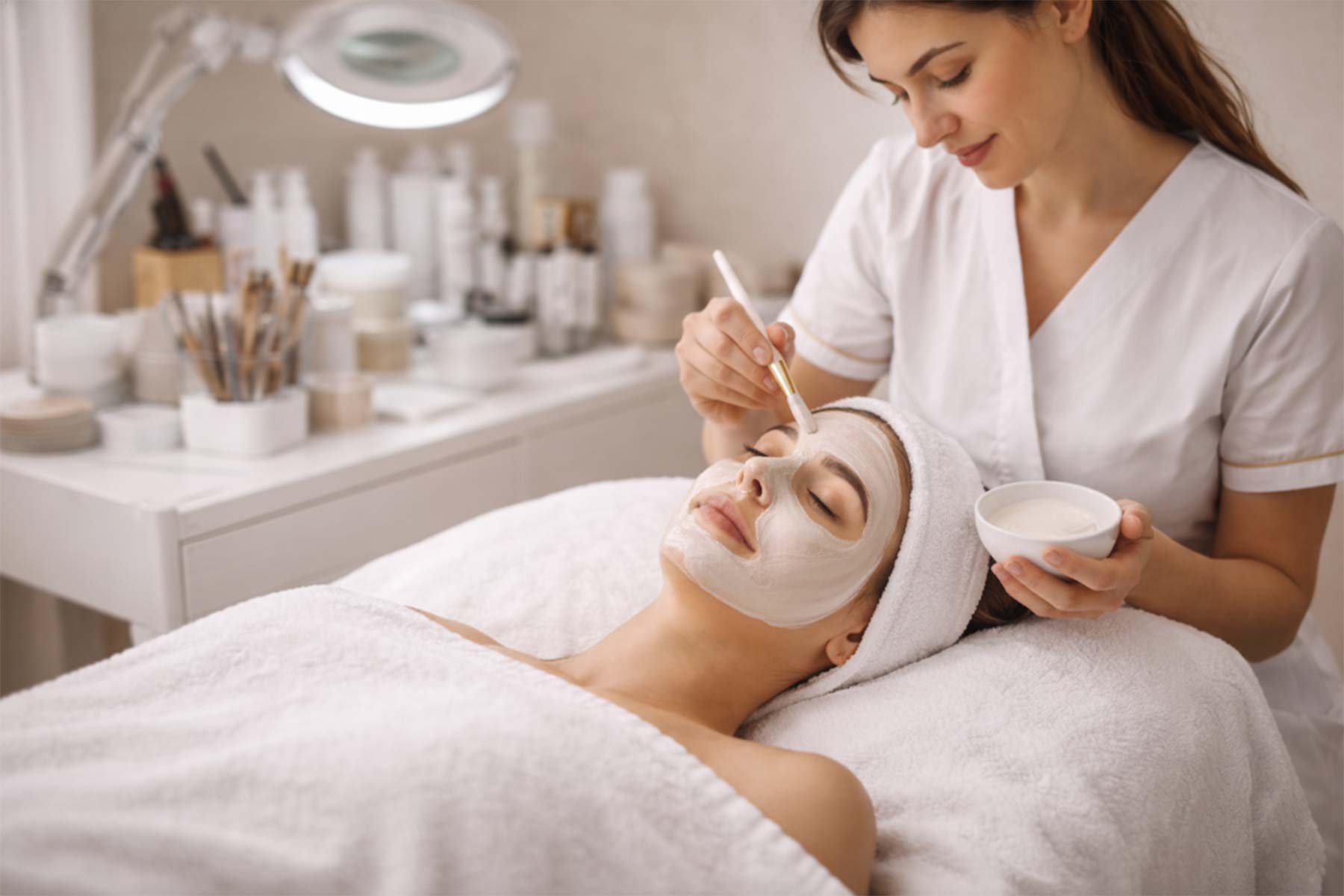 An esthetician applying facial mask to a client in a beauty spa