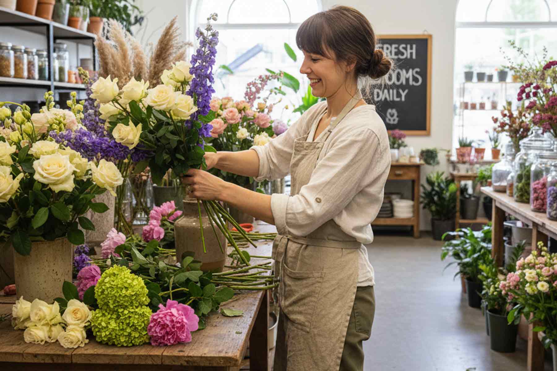 A female florist happily working on a flower arrangement for a customer