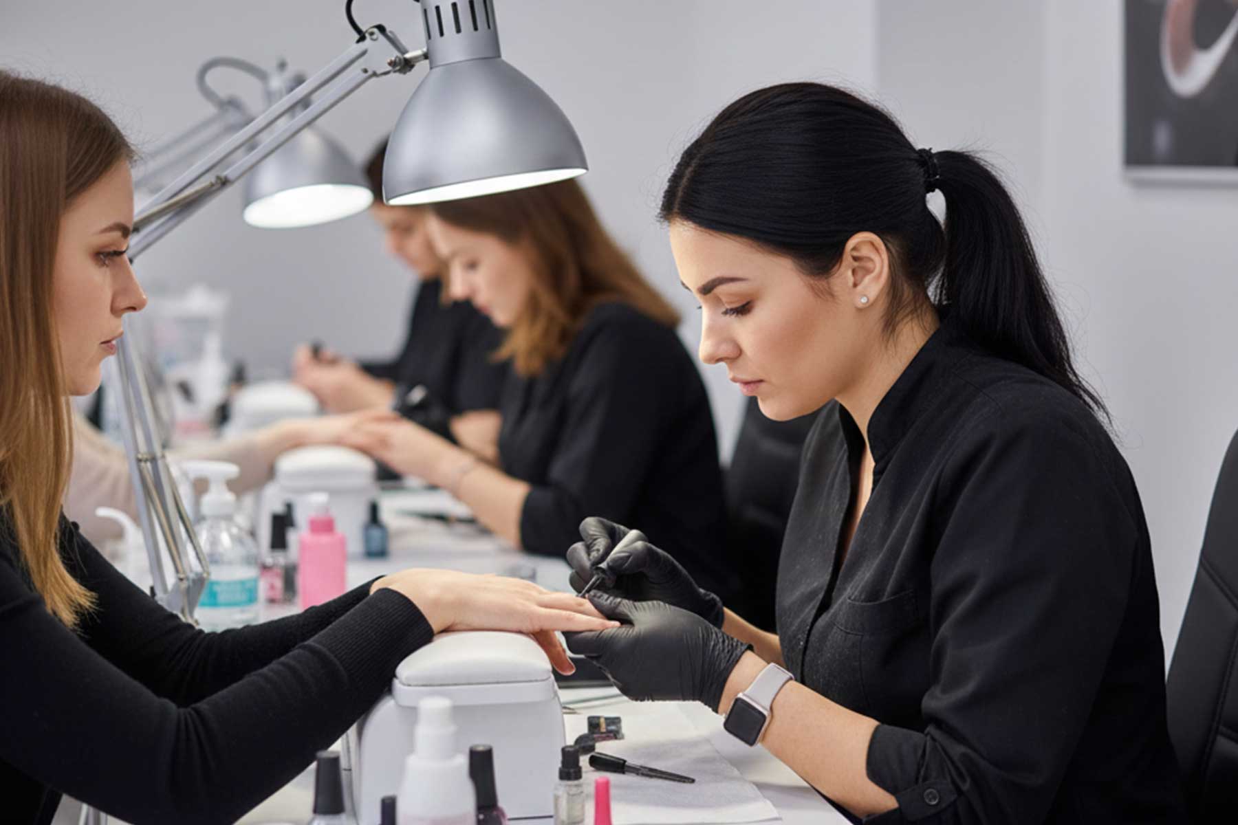 A group of professional nail technicians working at a nail spa