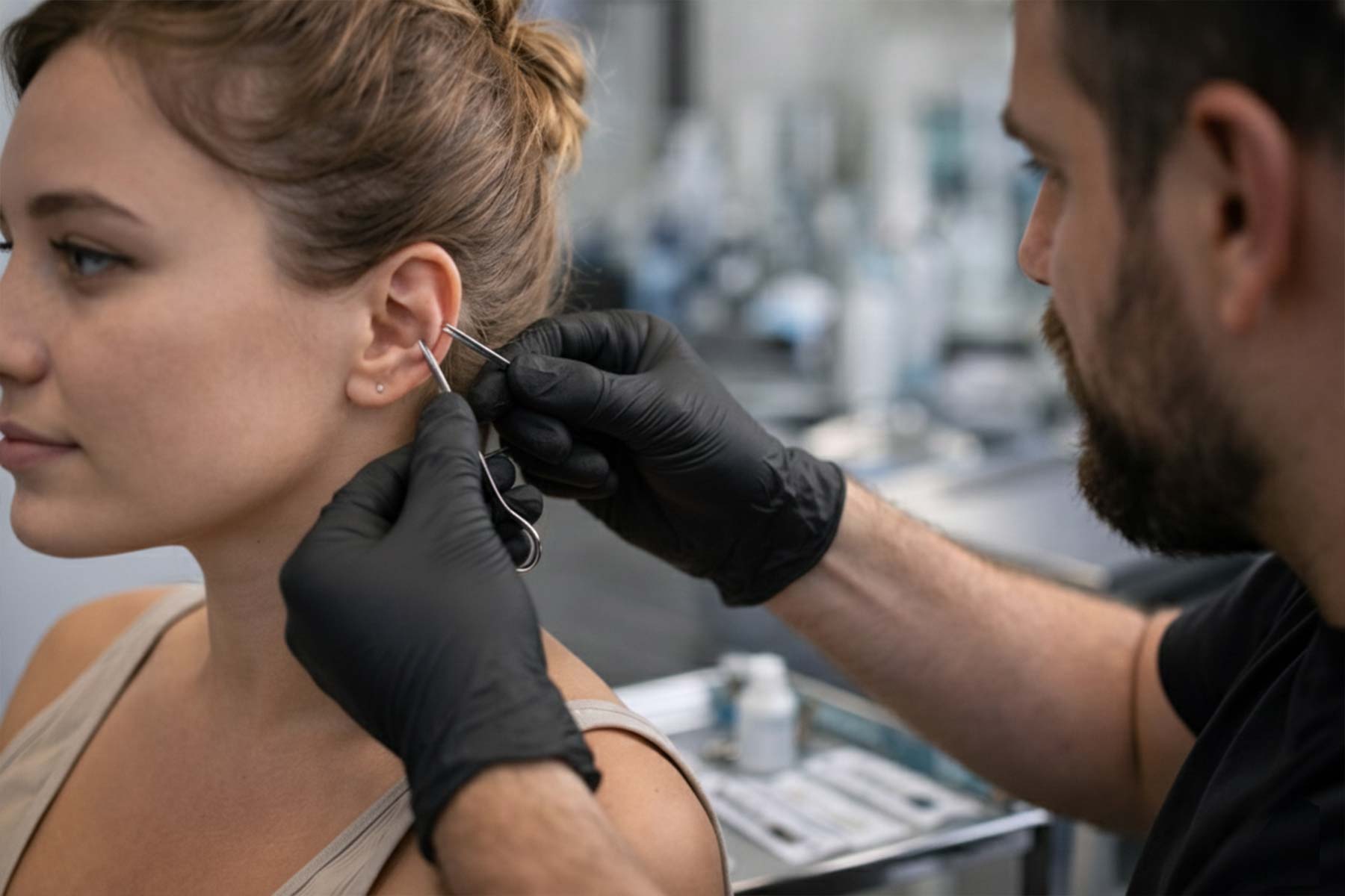 A professional piercer preparing to pierce a client's ear