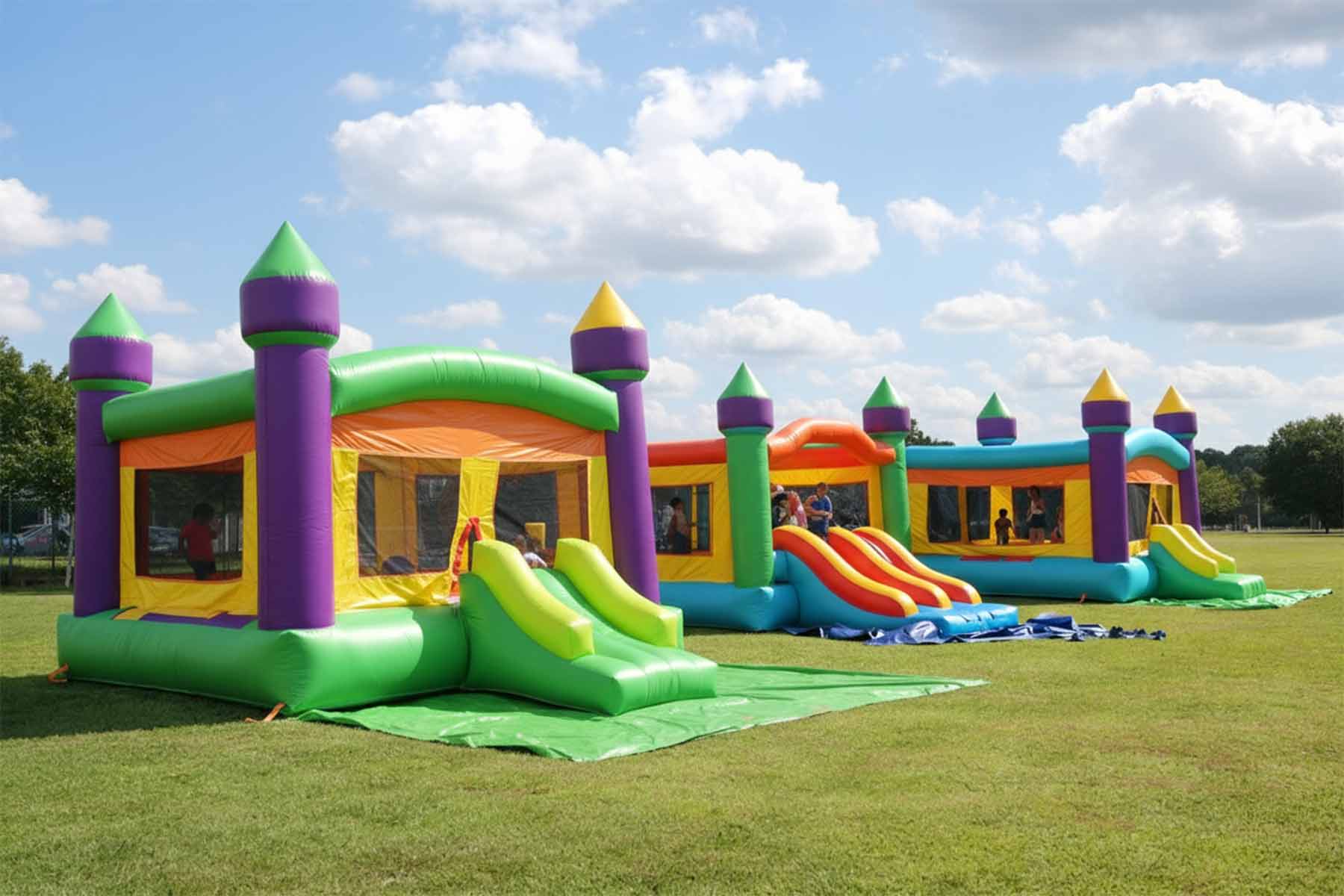 Children playing inside colorful inflatable bounce houses with slides on a grassy field