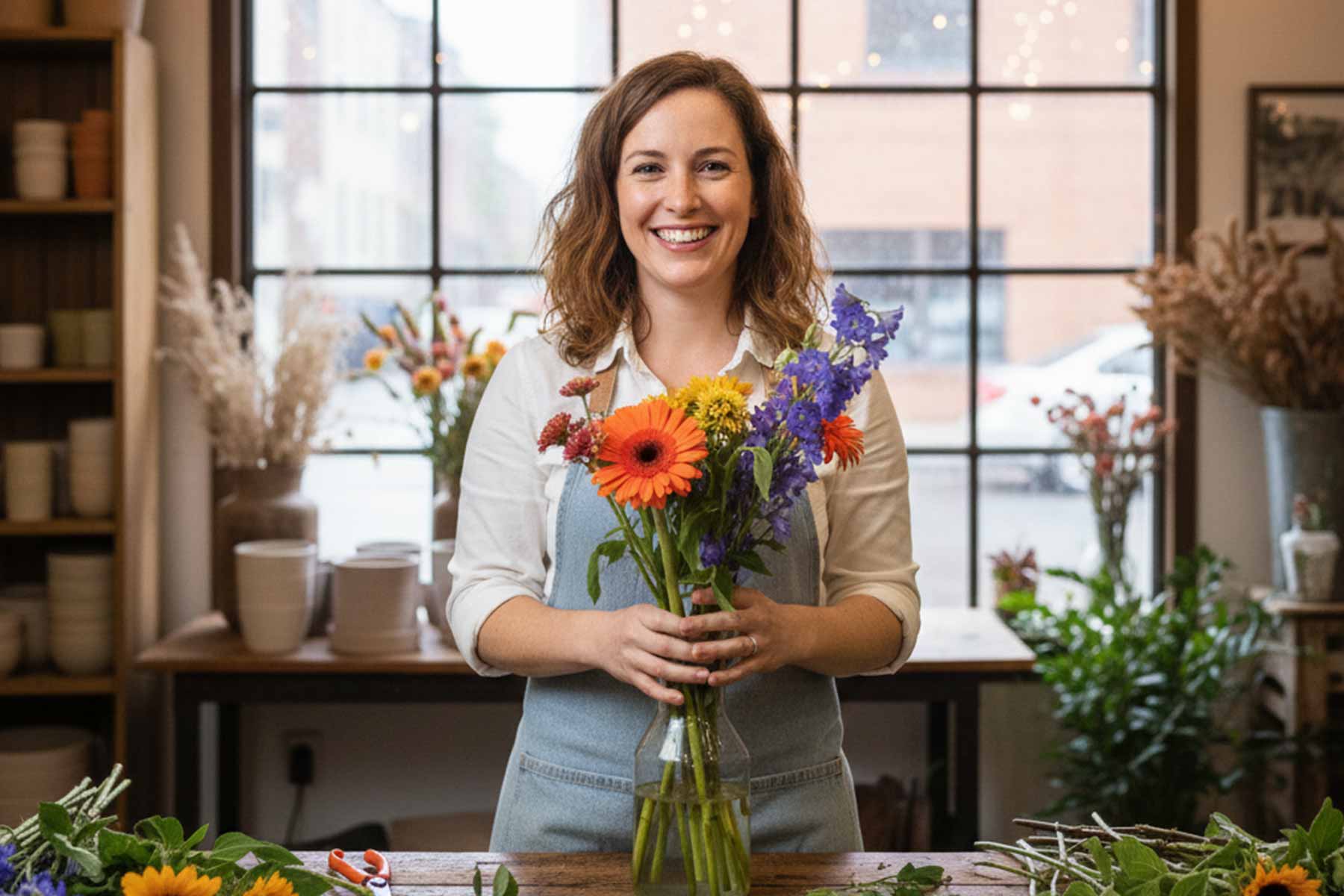 A happy flower shop owner holding a bouquet made of assorted flowers