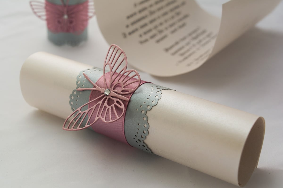 Wedding scroll invitation with butterfly add on with high end paper